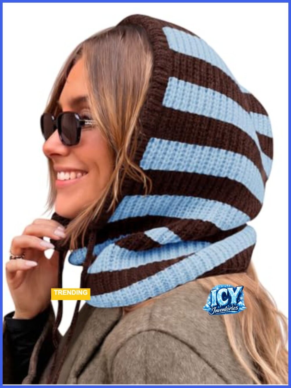 Ribbed Knit Balaclava Hooded Scarf with Drawstring Winter Hat